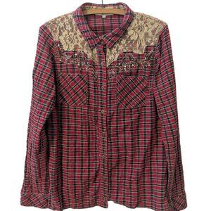 Miss Me Plaid Rhinestone Cross Lace Button Shirt Boho Bling Western Rodeo